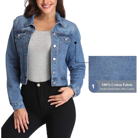 Women's Denim Jackets Crop Long Sleeve Button Down Crop Jean with Pockets Blue2 - Picture 5 of 7